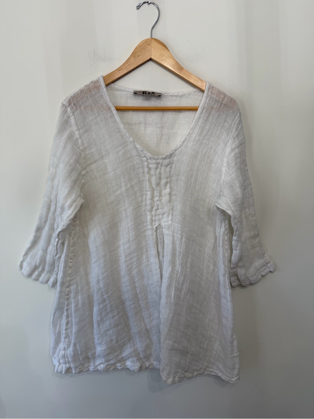 Flax 3/4 Sleeve Tunic Top Short White Sheer 100% Linen Lagenlook Women’s L